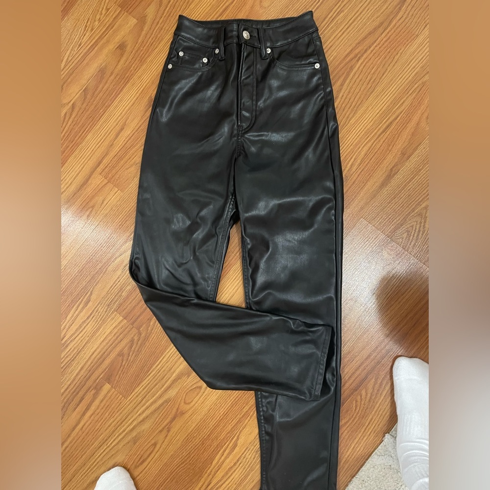 Black leather straight leg pants. High waisted in size 0 from h and m